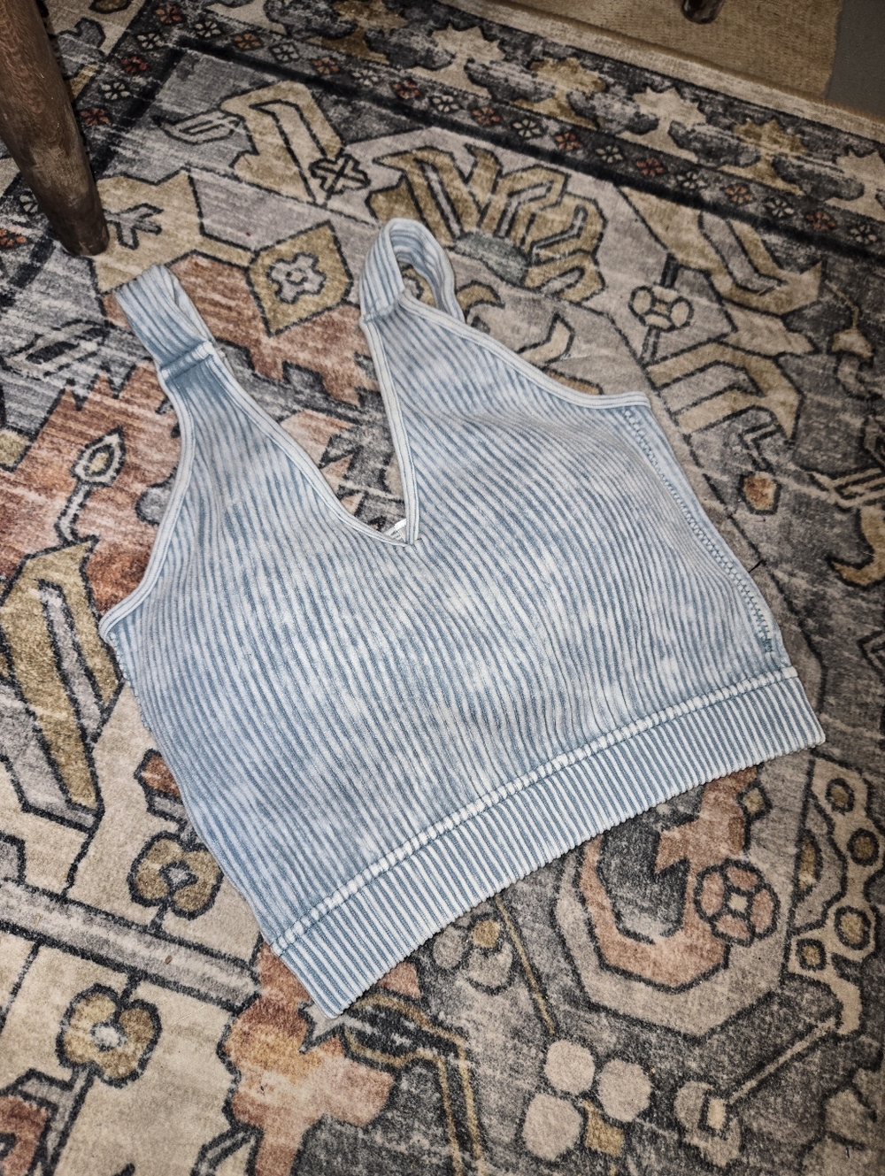Zenana Light Blue Ribbed V-Neck Crop Padded Tank Top